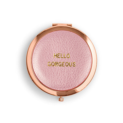 Faux Leather Compact Mirror - Hello Gorgeous Emboss Gold Pink