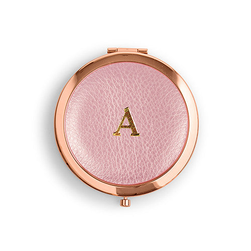 Faux Leather Compact Mirror - Initial Monogram Emboss Gold White