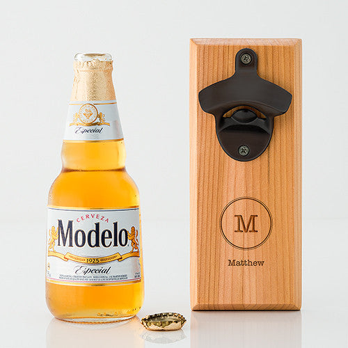 Cedar Wood Wall Mount Bottle Opener - Typewriter Monogram Etching