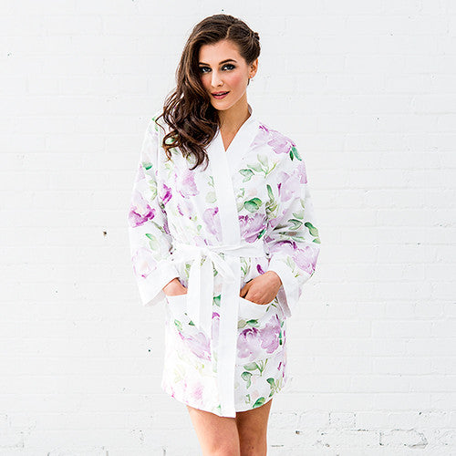 Lavender Watercolor Floral Silky Kimono Robe on White X-Large