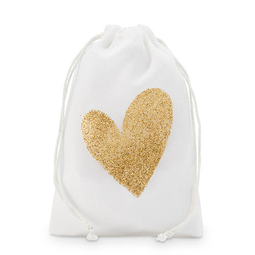 Gold Glitter Heart Muslin Drawstring Favor Bag - Medium