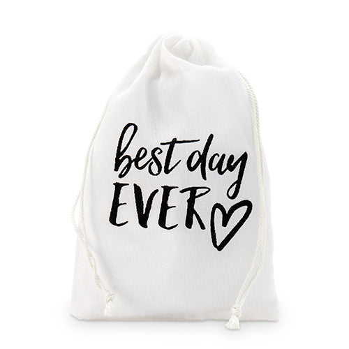 "best day ever" Print Muslin Drawstring Favor Bag - Medium