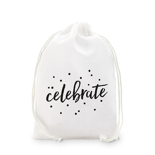 "celebrate" Print Muslin Drawstring Favor Bag - Medium