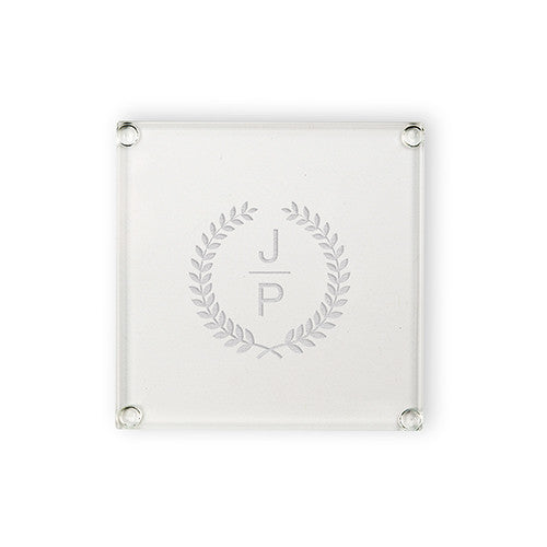 Personalized Glass Coasters - Stacked Monogram With Leaf Crest