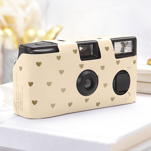 Single Use Camera - Ivory and Gold Hearts Design