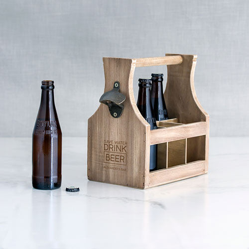 Wood Beer Bottle Caddy with Opener - Save Water Drink Beer