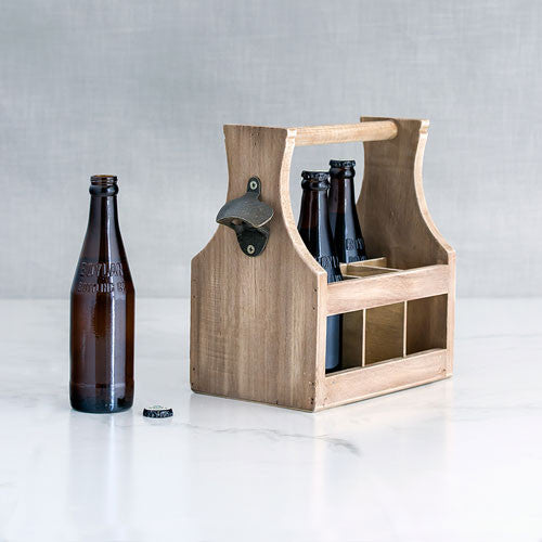 Wooden Beer Bottle Caddy with Opener