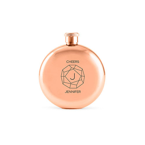 Monogram Gem Etched Round Rose Gold 3oz Hip Flask