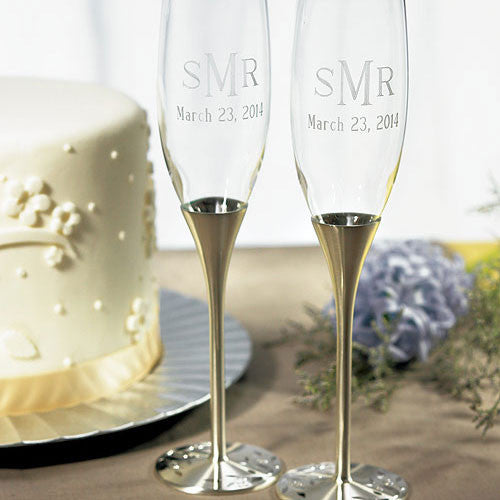 Silver Wedding Champagne Glasses with Crystal Gems