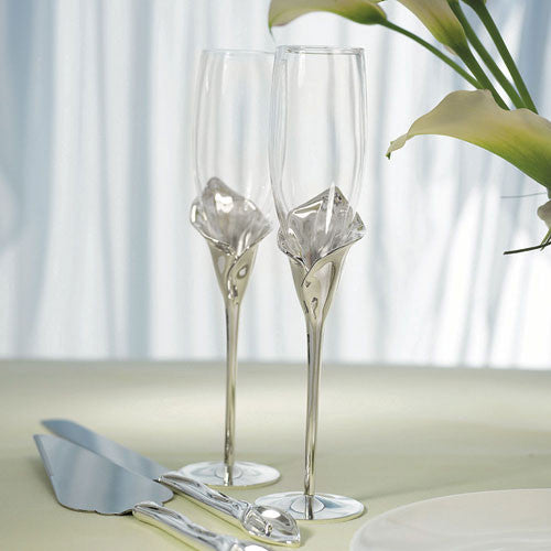 Silver Calla Lily Stemmed Wedding Champagne Flutes