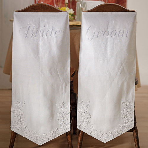 Linen Chair Banners with Embroidered Bride & Groom Inscription
