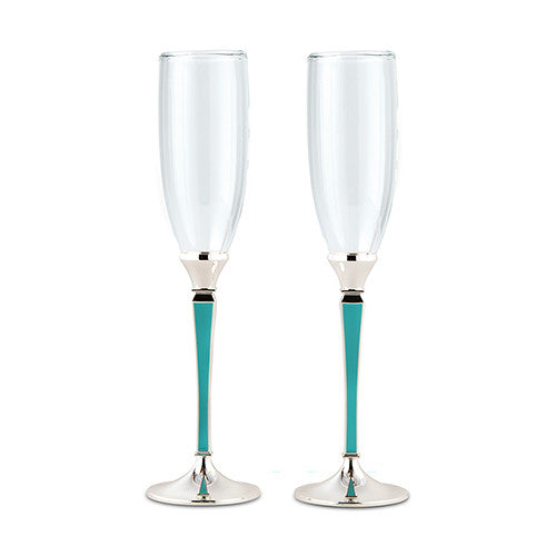Wedding Champagne Glasses with Blue and Silver Stem