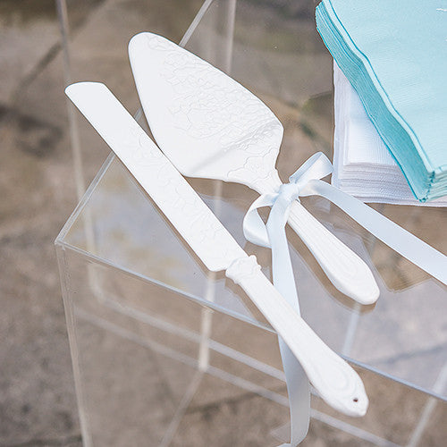 Porcelain Cake Serving Set with Embossed Lace Details White