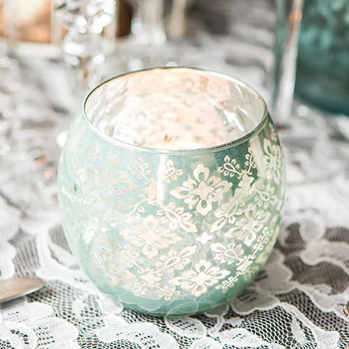 Small Glass Globe Votive Holder With Reflective Lace Pattern Peach