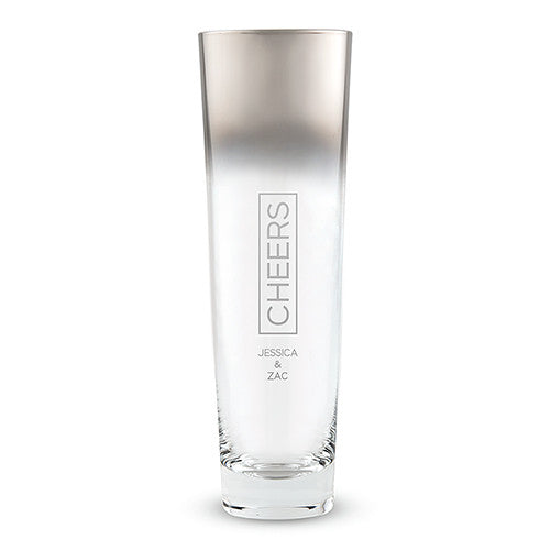 Modern Stemless Champagne Flutes Silver Ombre Cheers Etched Silver