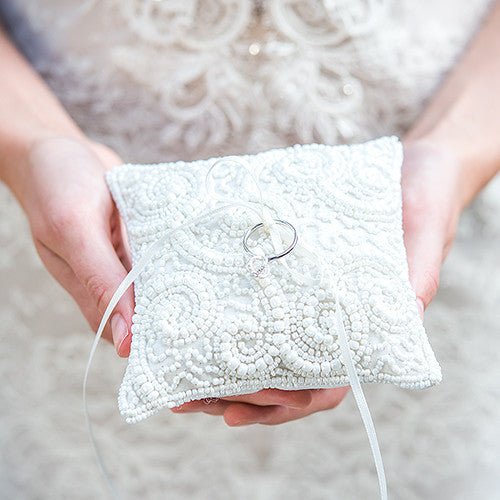 White Beaded Miniature Wedding Ring Pillow White