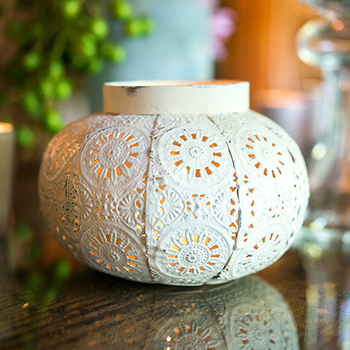 Antique White Metal Filigree Candle Holder with Glass Chimney Medium White
