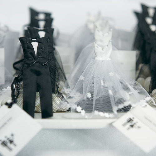 White Wedding Dress and Tuxedo Organza Favor Bags Mini Bride Dress