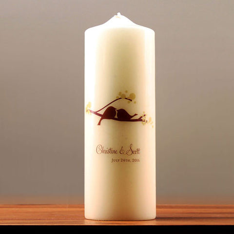 Love Bird Personalized Pillar Candles Ivory Winter