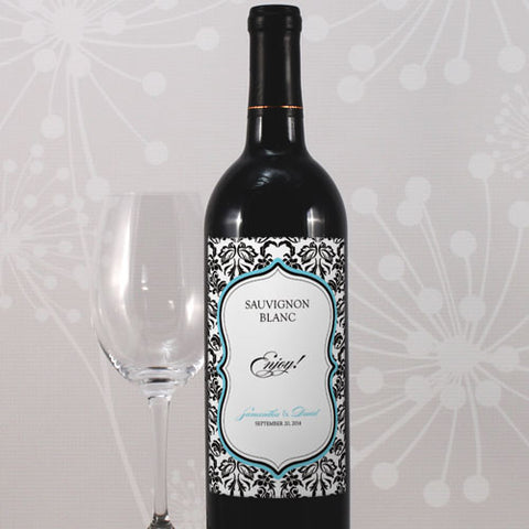 Love Bird Damask Wine Label Royal Blue And Black