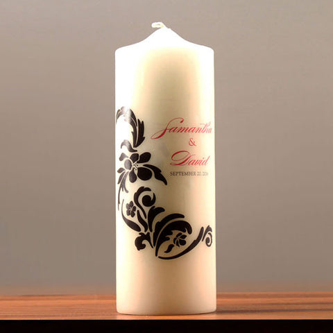 Love Bird Damask Personalized Pillar Candles Ivory Royal Blue And Black