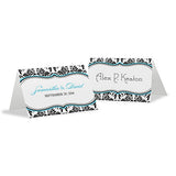 Love Bird Damask Place Card With Fold Royal Blue And Black
