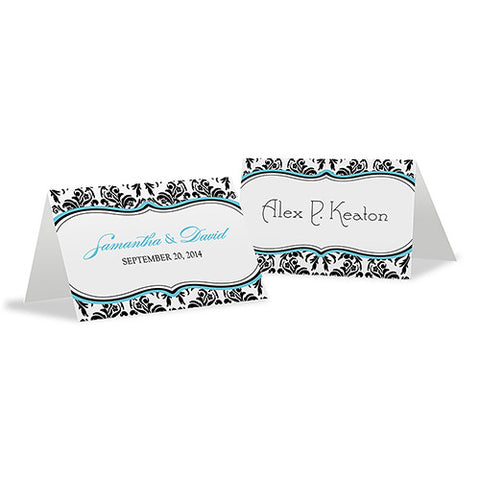 Love Bird Damask Place Card With Fold Royal Blue And Black