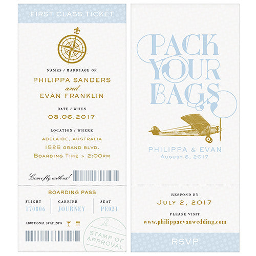 Vintage Travel Boarding Pass Style Invitation With RSVP Pastel Blue