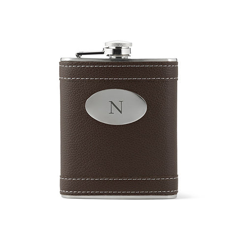 Custom Brown Leather Wrapped Hip Flask