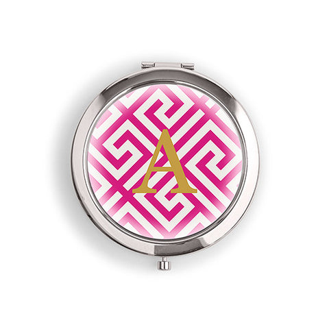 Designer Compact Mirror - Monogram on Greek Key Print Rose Gold Tangerine Orange