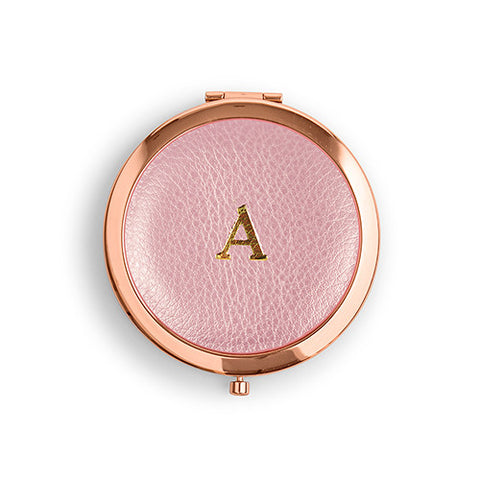 Faux Leather Compact Mirror - Initial Monogram Emboss Silver Pink