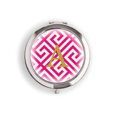 Designer Compact Mirror - Monogram on Greek Key Print Silver Tangerine Orange