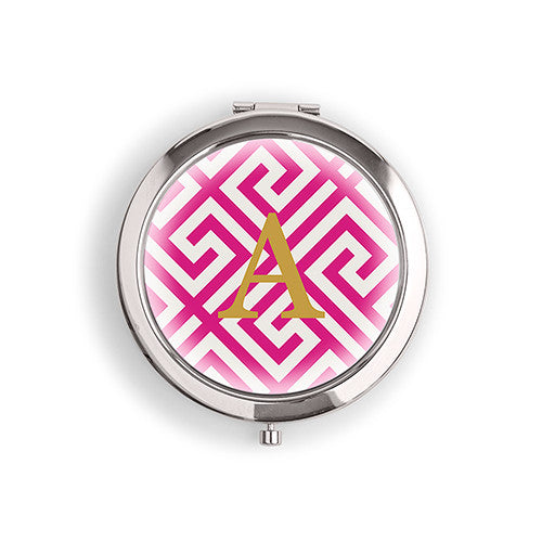 Designer Compact Mirror - Monogram on Greek Key Print Silver Tangerine Orange
