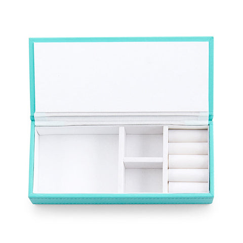 Vegan Leather Jewelry Box - Spa Blue with White