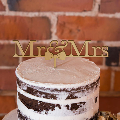 Mr & Mrs Bow Tie Acrylic Cake Topper - Metallic Gold