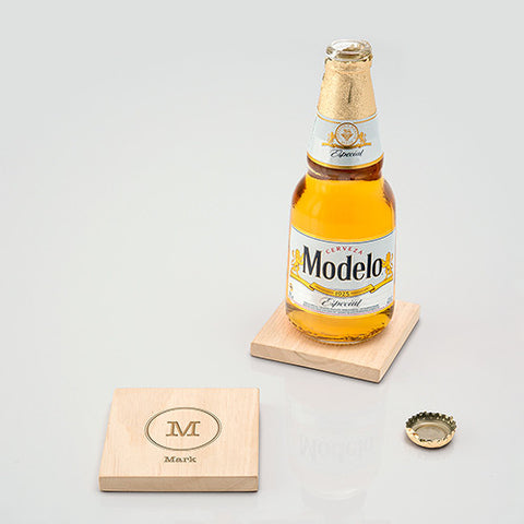 Natural Wood Coaster with Built-in Bottle Opener - Typewriter Monogram Etching