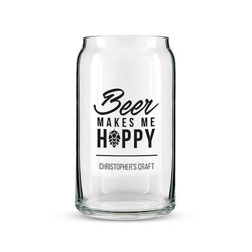 Beer Can Shaped Glass Personalized - Beer Makes Me Hoppy Printing White