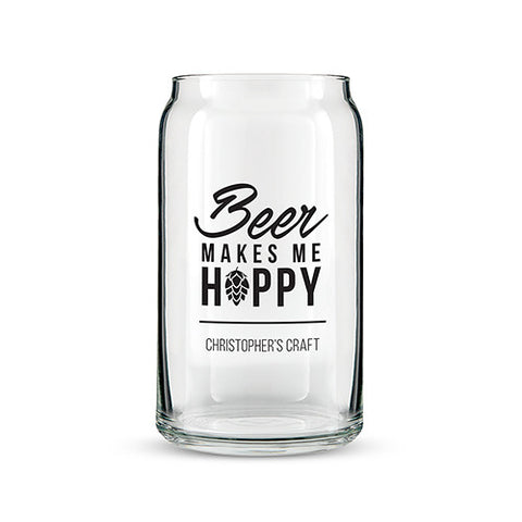 Beer Can Shaped Glass Personalized - Beer Makes Me Hoppy Printing White