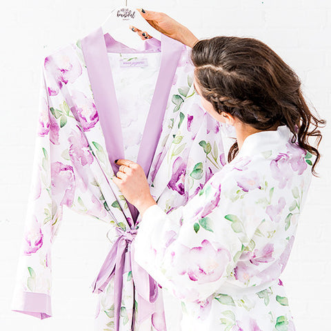 Lavender Watercolor Floral Silky Kimono Robe on Lavender Medium