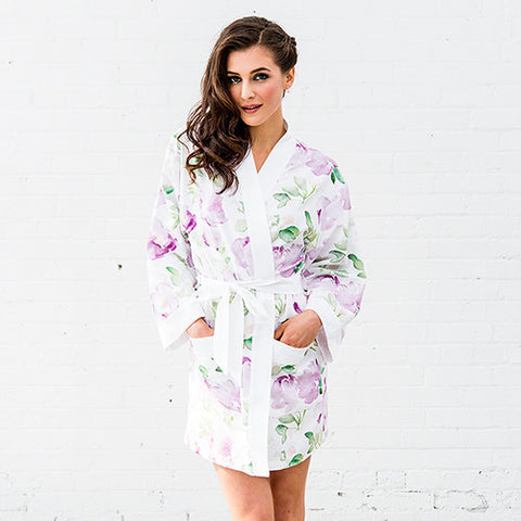 Lavender Watercolor Floral Silky Kimono Robe on White Small