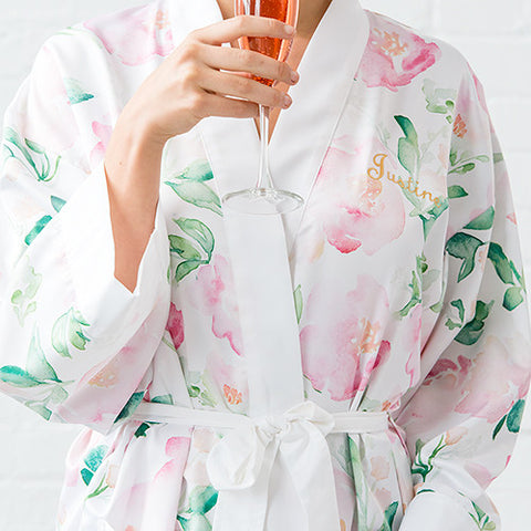 Pink Watercolor Floral Silky Kimono Robe on White Medium