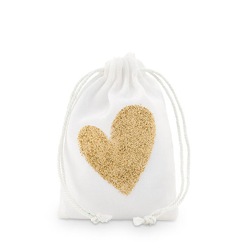 Gold Glitter Heart Muslin Drawstring Favor Bag - Small