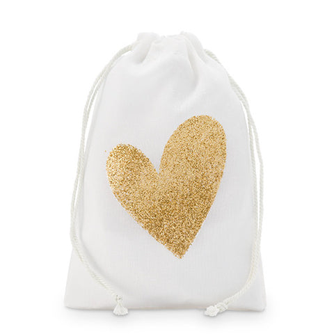 Gold Glitter Heart Muslin Drawstring Favor Bag - Medium