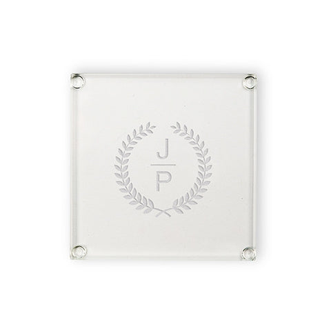 Personalized Glass Coasters - Stacked Monogram With Leaf Crest
