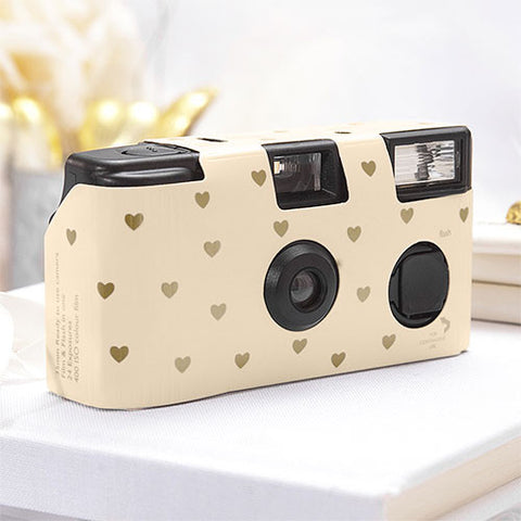 Single Use Camera - Ivory and Gold Hearts Design