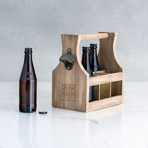 Wood Beer Bottle Caddy with Opener - Save Water Drink Beer