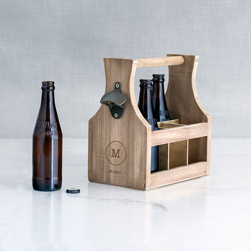 Wood Beer Bottle Caddy with Opener - Typewriter Monogram Etching