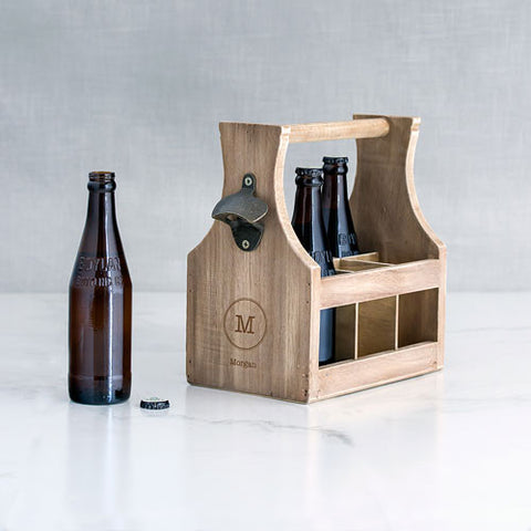 Wood Beer Bottle Caddy with Opener - Typewriter Monogram Etching