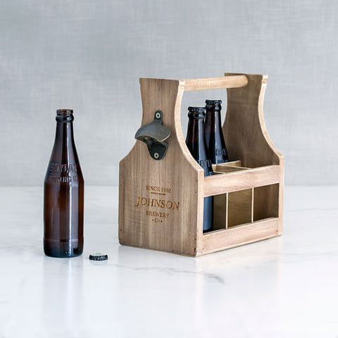 Wood Beer Bottle Caddy with Opener - Brewery Co. Etching