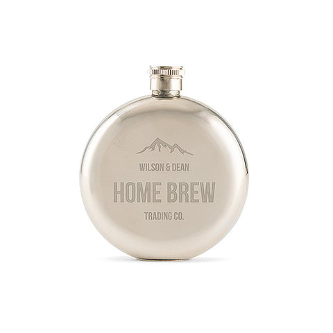 Mountain Engraved Round Silver Hip Flask for Men
